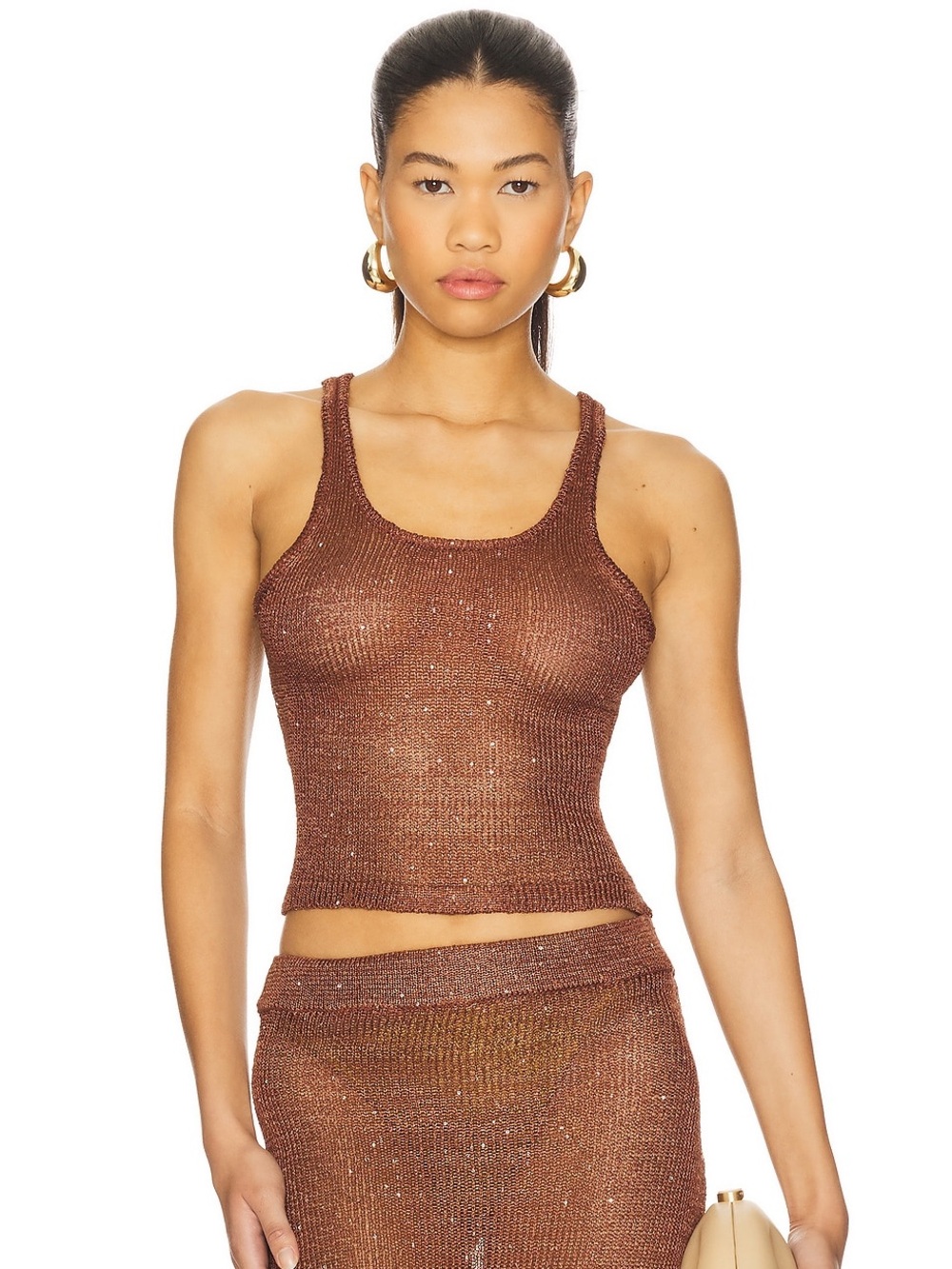 Superdown Revolve Chocolate Brown Metallic Crochet Sheer Tank Top Medium NWT